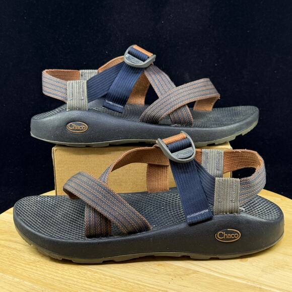 Chaco Sandals Mens 10 Navy/Orange Classic Strappy Adjustable Hiking Outdoor Shoe - Picture 1 of 8
